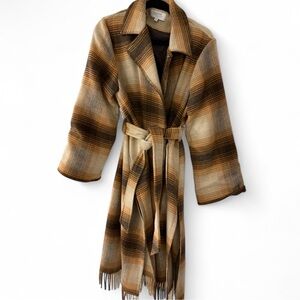 La Ligne Mercer Plaid Fringe Wool Blanket Coat M